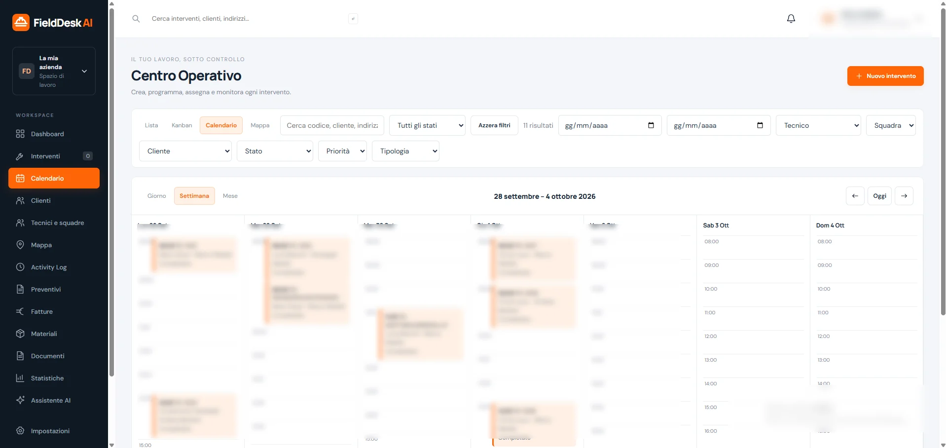 Calendario interventi FieldDesk AI