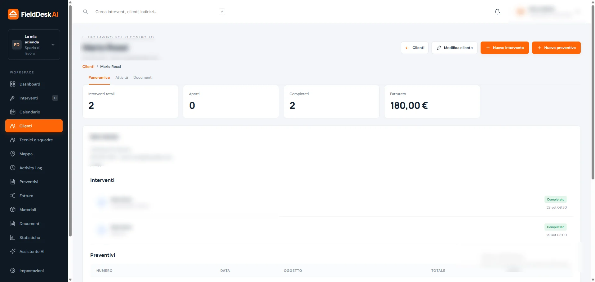 Scheda Cliente 360 di FieldDesk AI