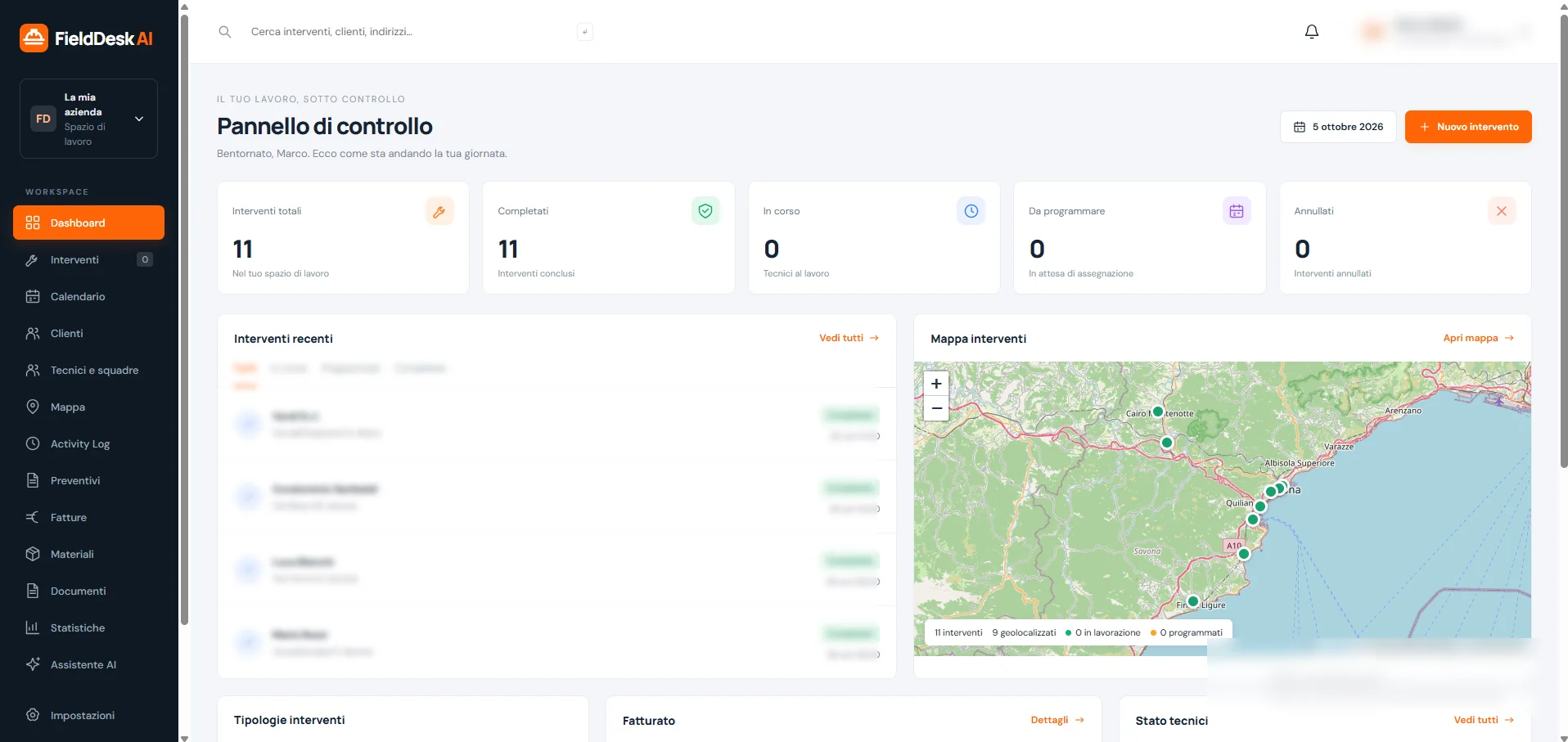 Dashboard FieldDesk AI su desktop