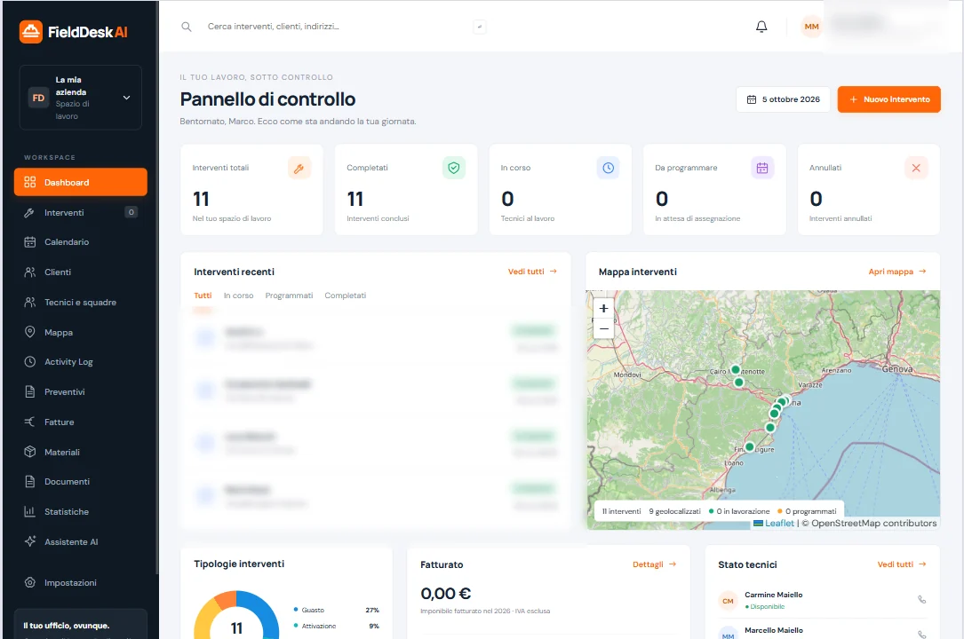Dashboard FieldDesk AI su tablet