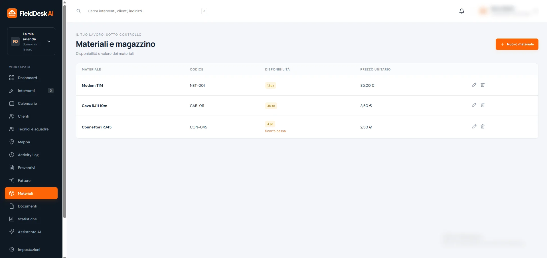 Materiali e magazzino FieldDesk AI
